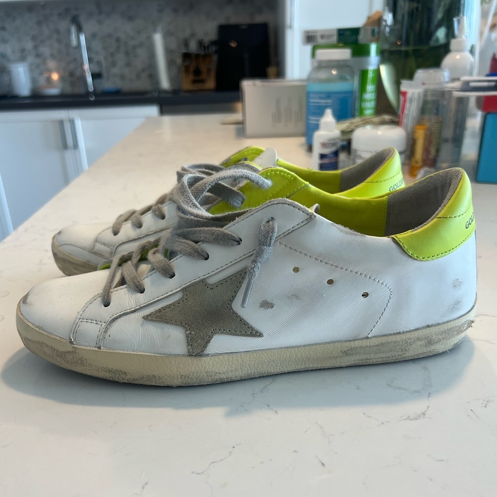 Golden Goose White Sneakers with Gray Star and Neon Yellow Heel - Picture 8 of 13